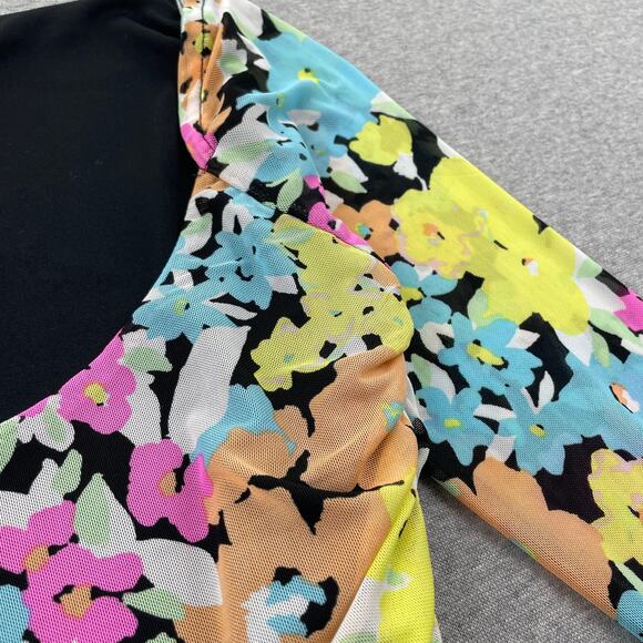 AFRM Bodysuit Womens XS Bright Floral Mesh Ruched Long Sleeve Retro Preppy Rave - Picture 10 of 12